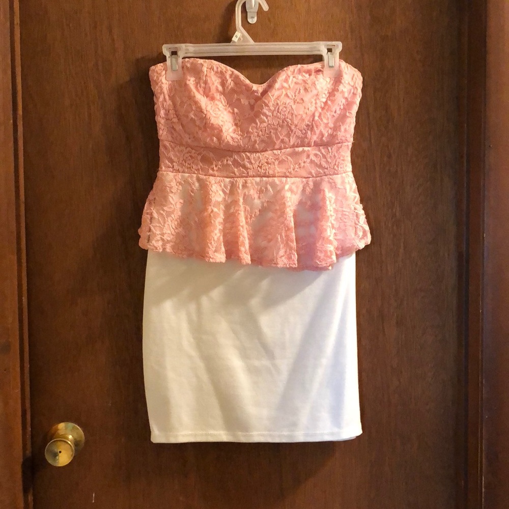 Pink and white strapless dress